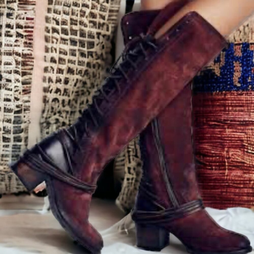 FreeBird Coal in Wine Leather Back Lace Up Tall Boots Size 8